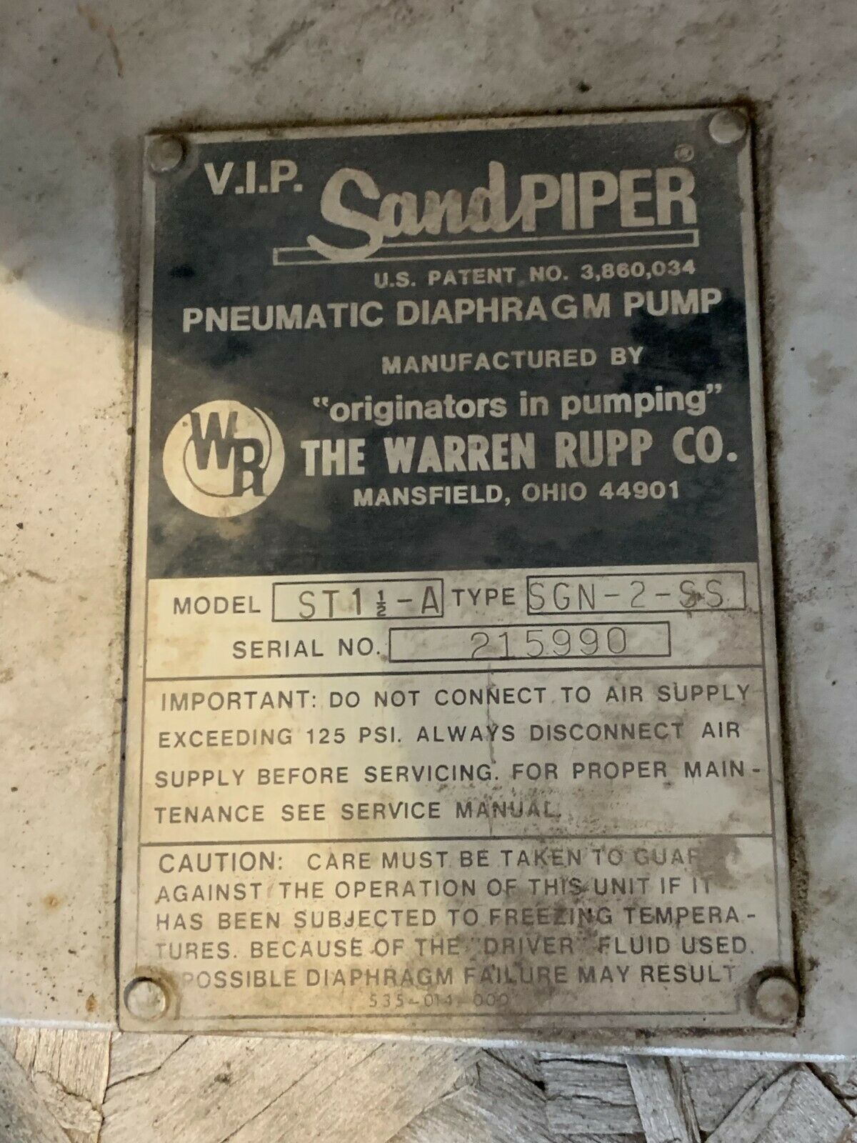 WARREN RUPP SANDPIPER ST1 1/2-A PNEUMATIC DIAPHRAGM PUMP ST1-1/2-A TYPE SGN-2-SS