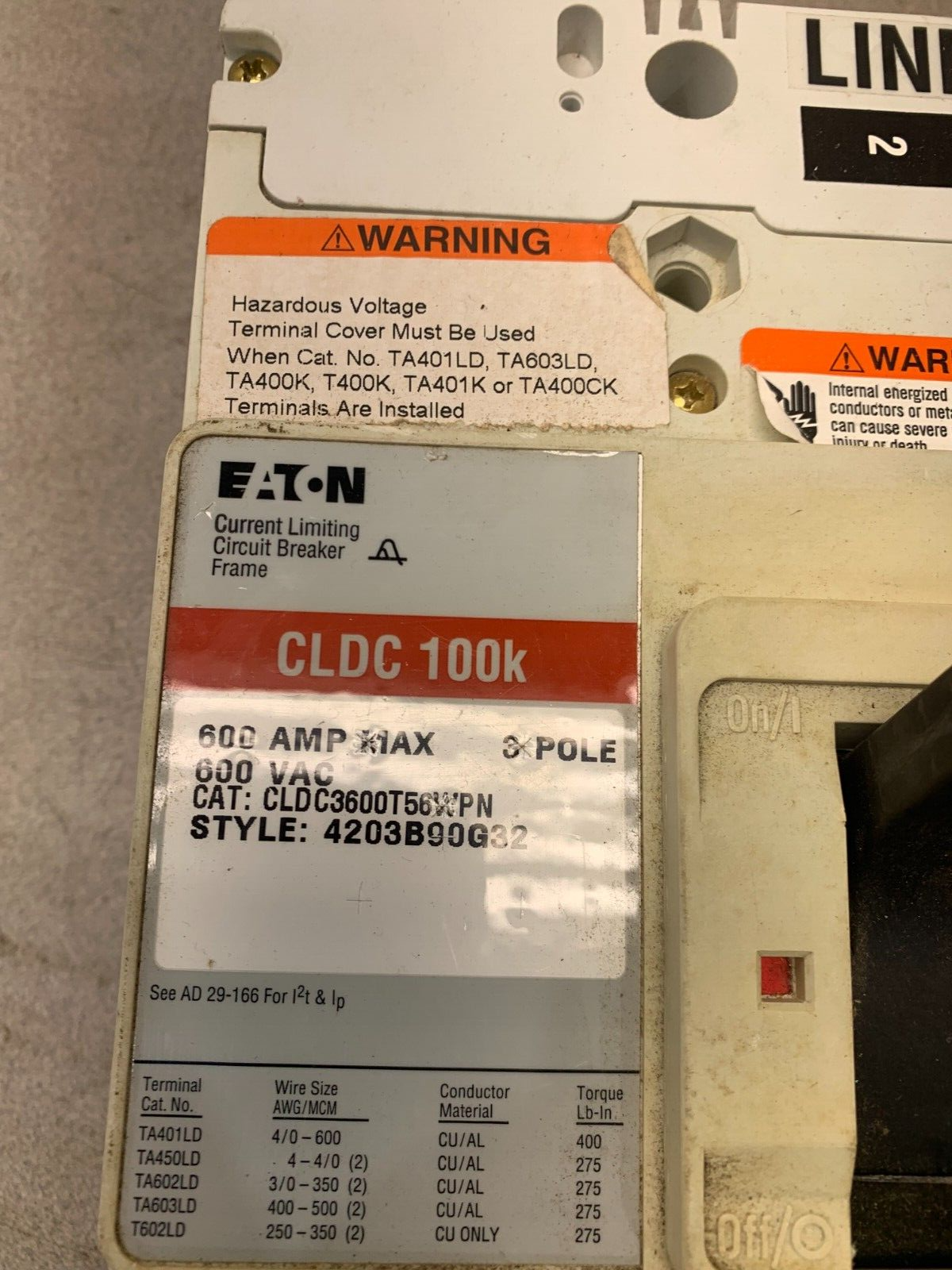 USED CUTLER-HAMMER EATON 600AMP 3 POLE CLDC 100K CIRCUIT BREAKER CLDC3600T56WPN