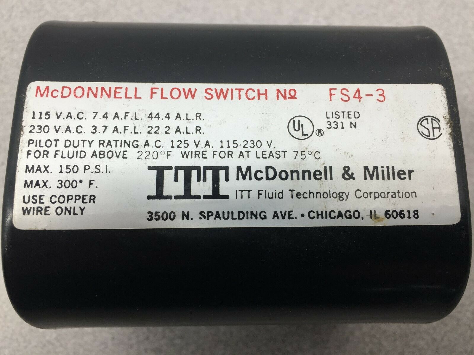 USED ITT 150 PSI 300 DEG F FLOW SWITCH FS4-3