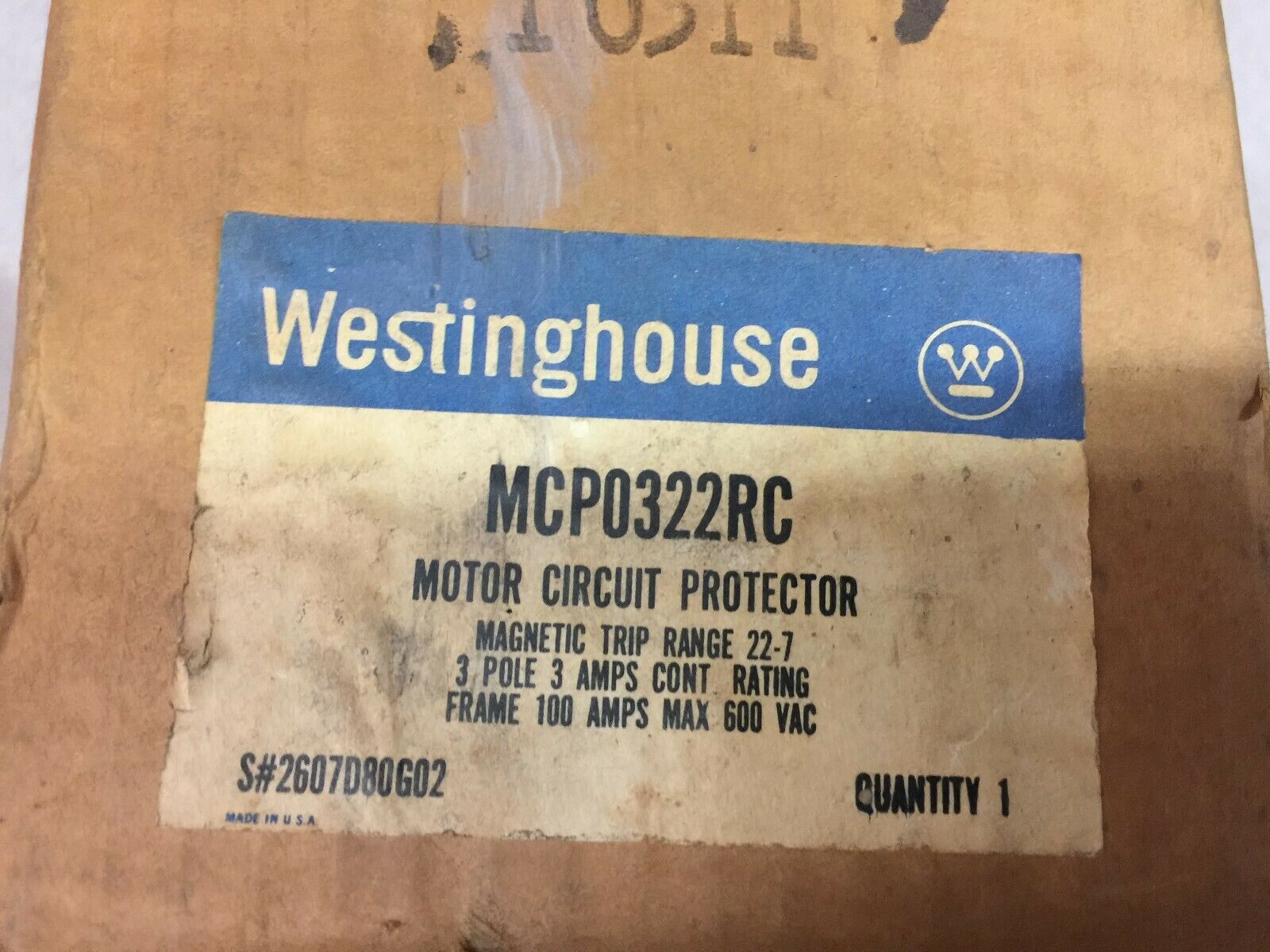 NEW IN BOX WESTINGHOUSE 3AMP 3POLE 600VAC MOTOR CIRCUIT PROTECTOR MCP0322RC