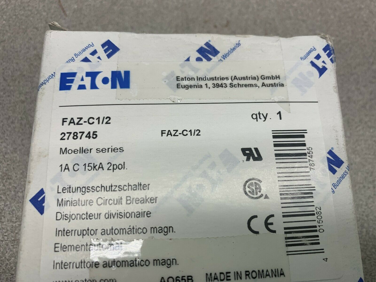 NEW IN BOX EATON BREAKER FAZ-C1/2