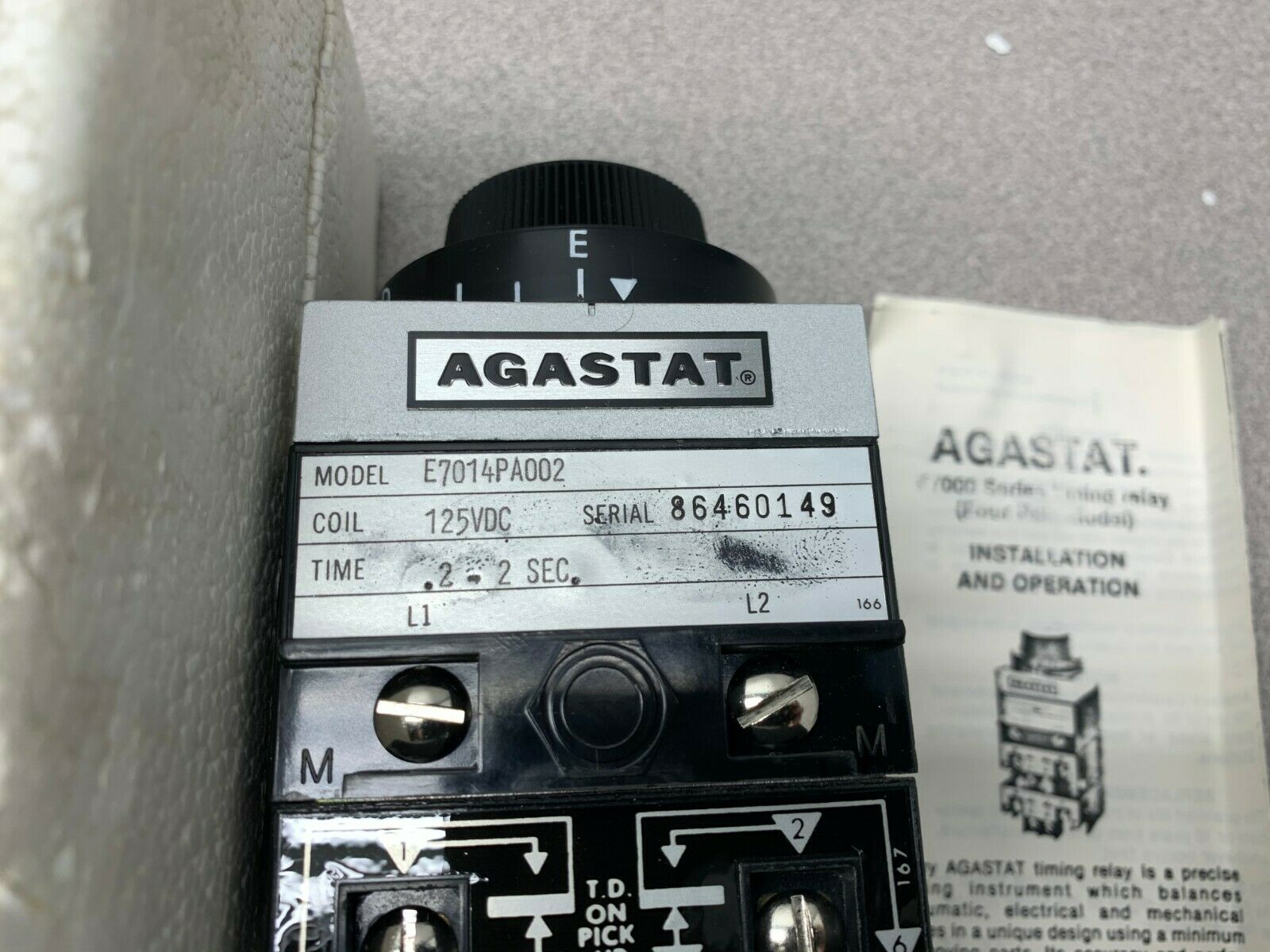 NEW AGASTAT 125VDC. TIMER .2-2 SEC. TIMING RELAY E7014PA002