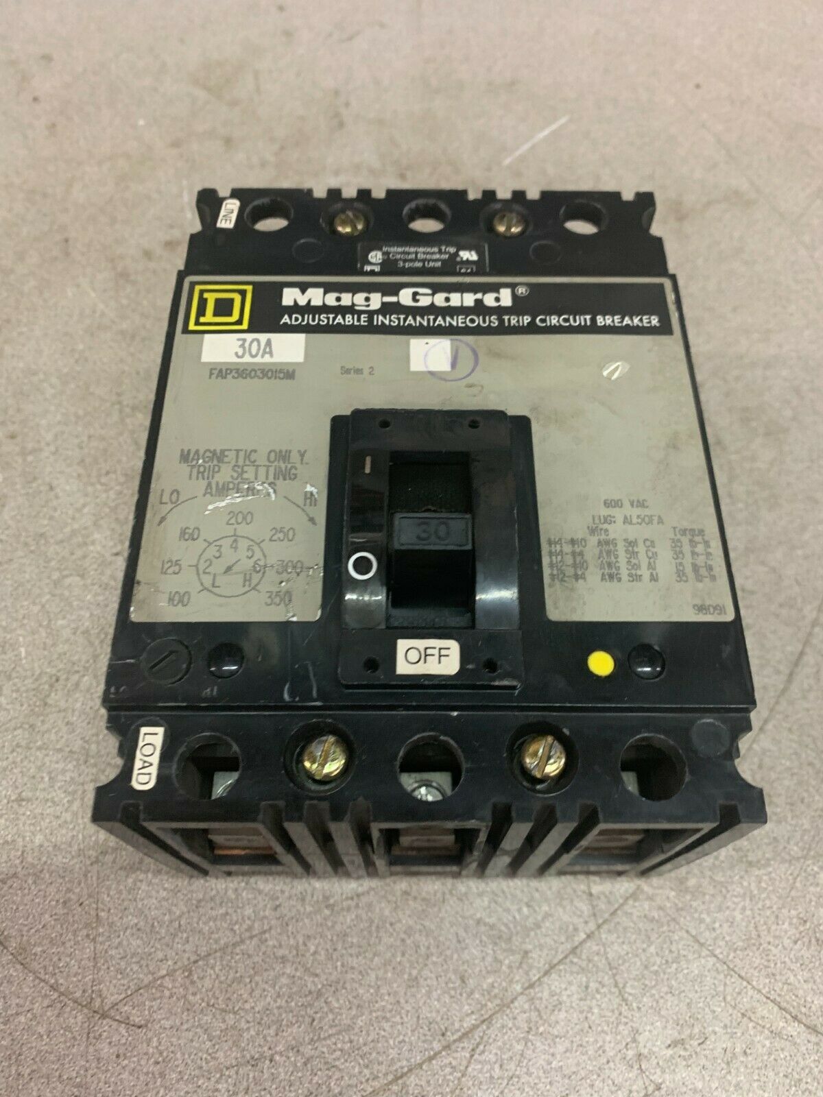 USED SQUARE D MAG-GARD 30AMP CIRCUIT BREAKER FAP3603015M