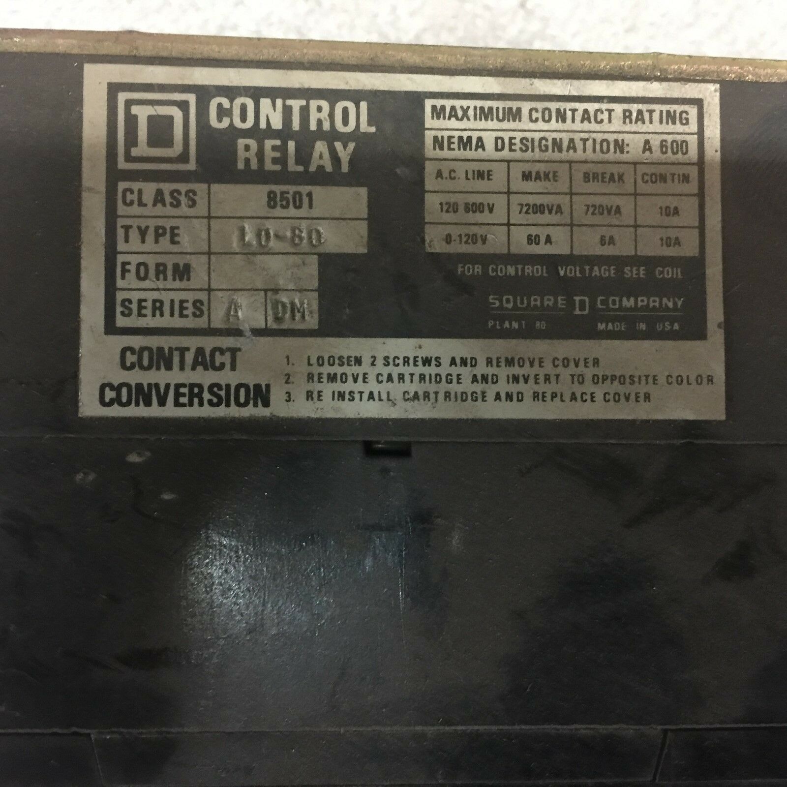 USED SQUARE D CONTROL RELAY 8501 LO-80