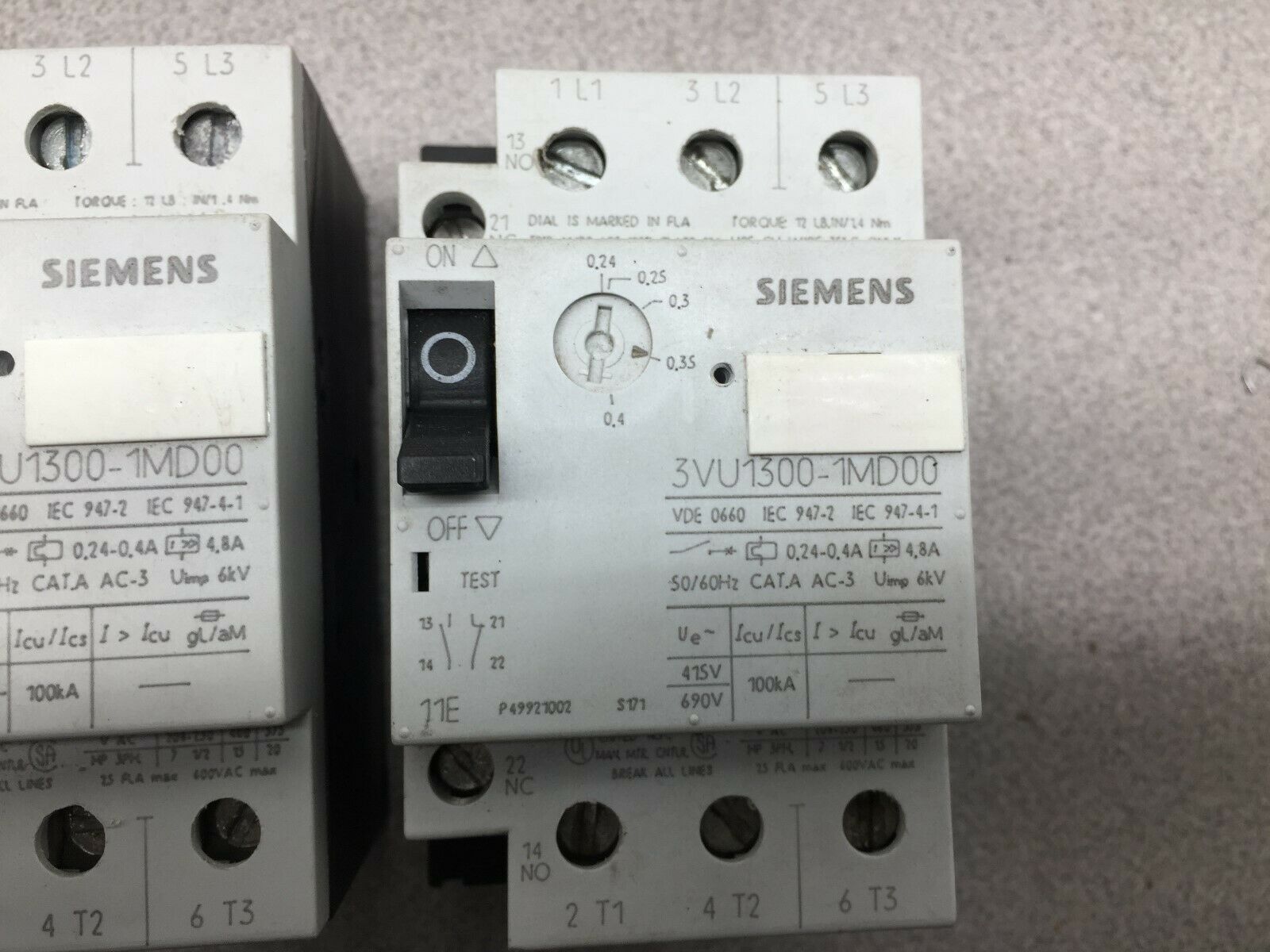 USED LOT OF 5 SIEMENS 15HP 25AMP 3POLE 600VAC MANUAL MOTOR CONTOL 3VU1300-1MD00