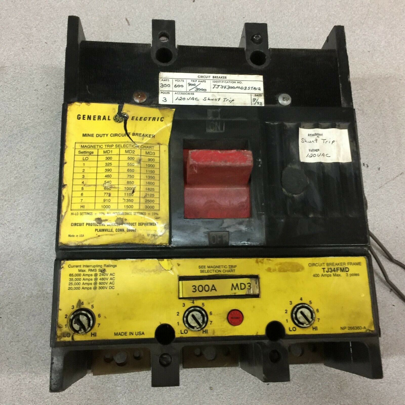 USED GE TJ34FMD 300AMP 3POLE 600VAC 120VAC ST MINE DUTY BREAKER TJ34300MD3STA12