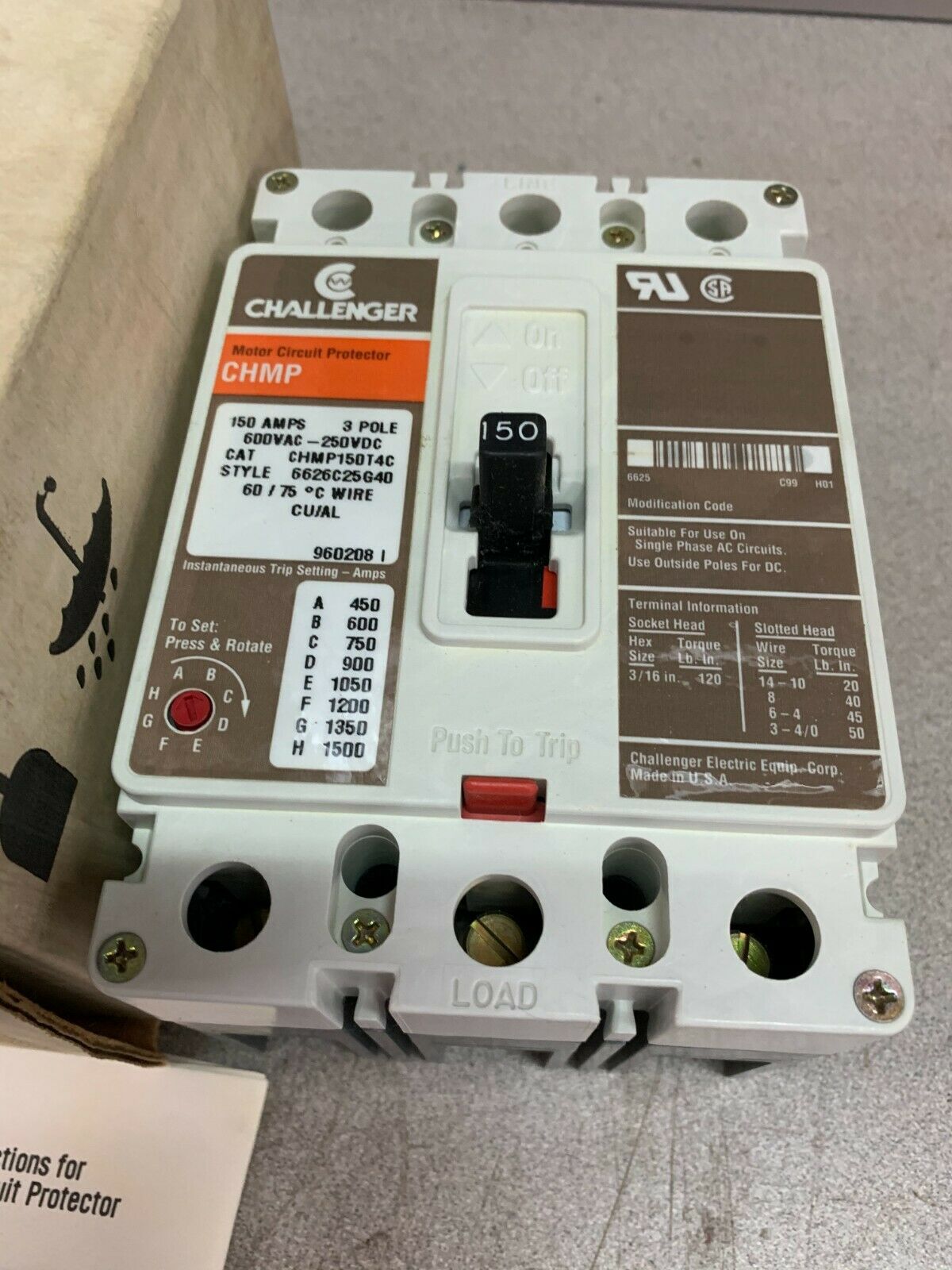 NEW CHALLENGER 3 POLE 150AMP CIRCUIT BREAKER CHMP150T4C