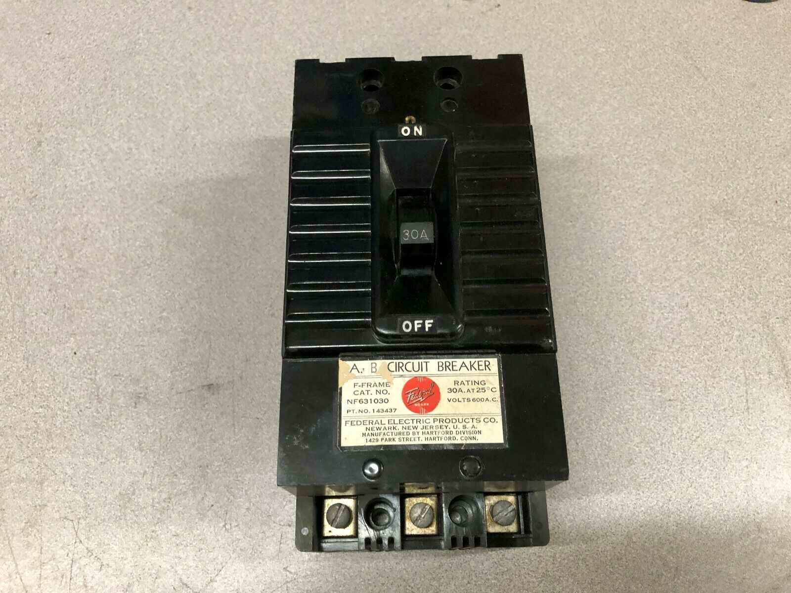 USED FEDERAL ELECTRIC PRODUCTS 30 AMP 600 VAC F-FRAME 3 POLE CIRCUIT BREAKER NF6