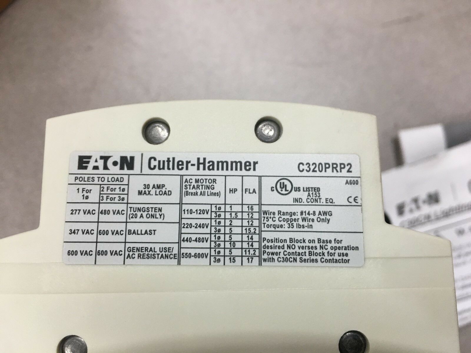 NEW CUTLER-HAMMER MECH HELD LIGHTING CONTACTOR C30CNM30A03A0 WITH C320PRP2