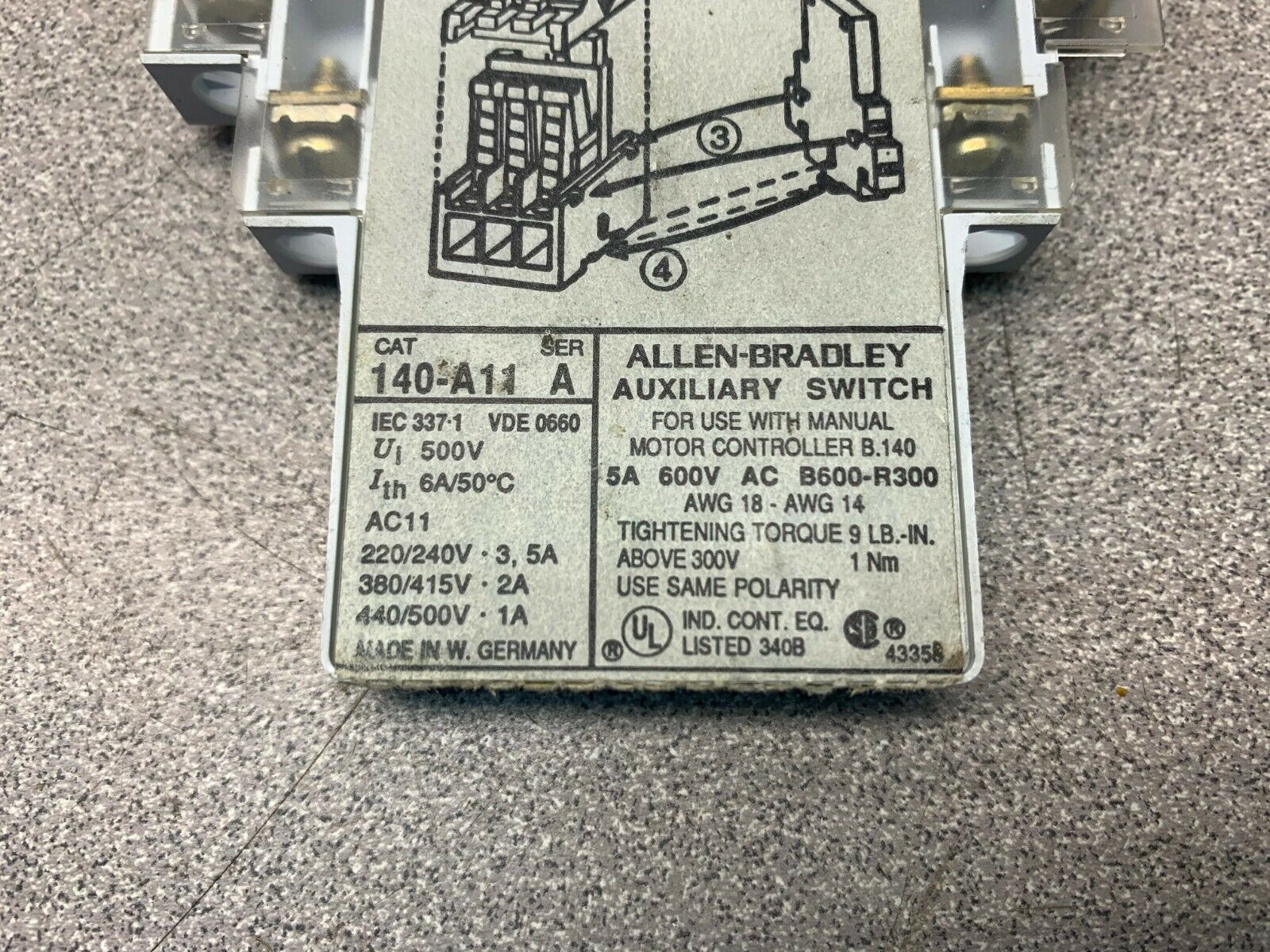 USED ALLEN BRADLEY AUXILIARY SWITCH 140-A11 SERIES A