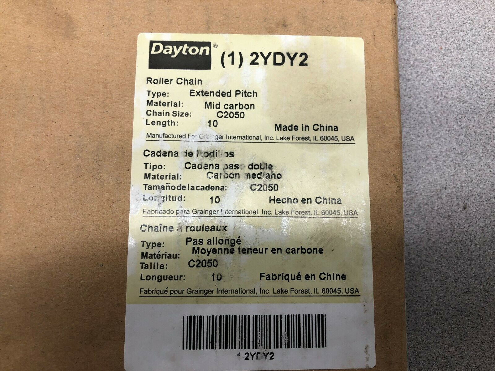 NEW IN BOX DAYTON 10 FT C2050 EXTENDED PITCH ROLLER CHAIN MID CARBON 2YDY2