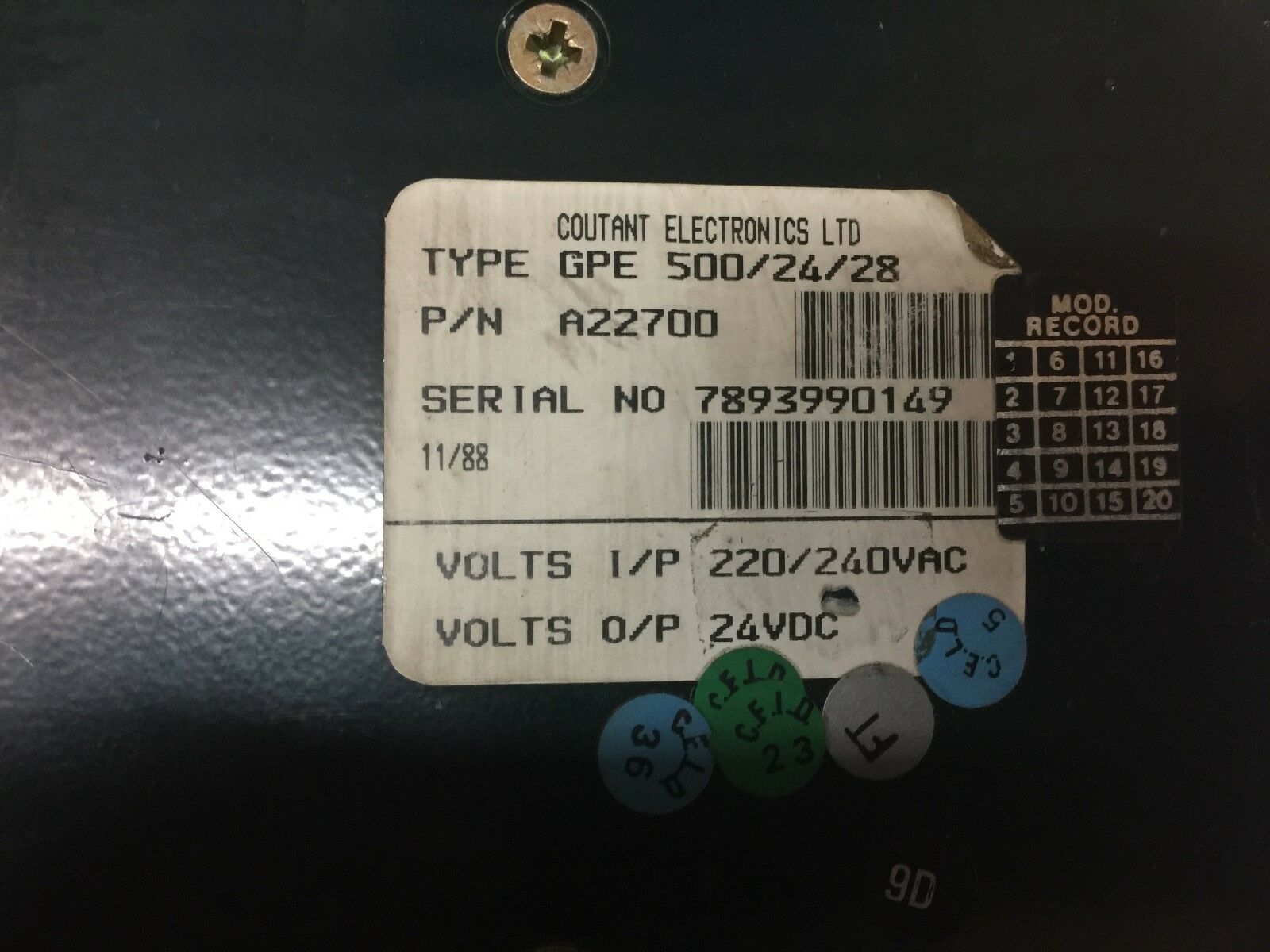 USED COUTANT ELECTRONICS GPE 500 240VAC PRI  24VDC SECPOWER SUPPLY A22700