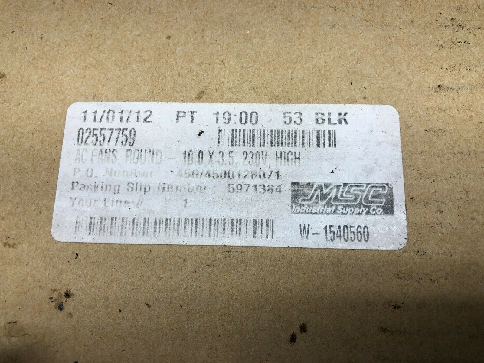 NEW IN BOX NULINE 10.0" X 3.5" 230 VAC FAN SO2146-18
