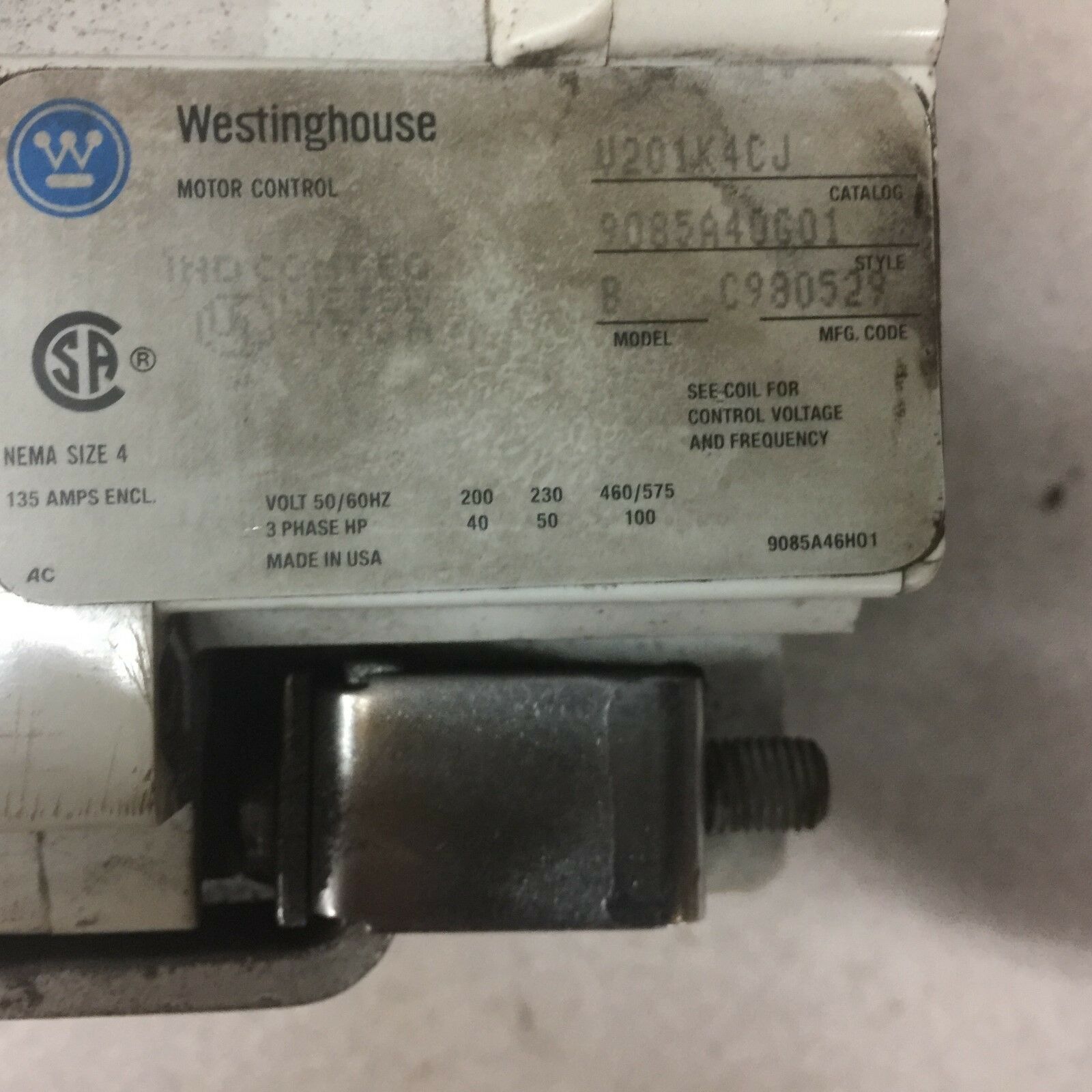 USED WESTINGHOUSE SIZE 4 VACUUM CONTACTOR 120 V COIL V201K4JC