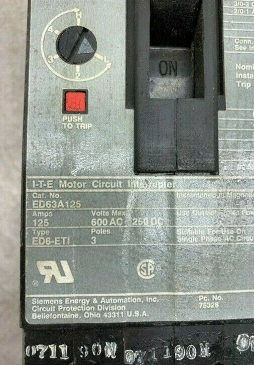 USED SIEMENS 125 AMP 3 POLE CIRCUIT INTERRUPTER ED63A125