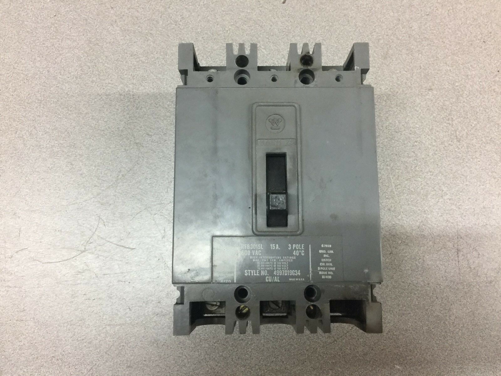 USED WESTINGHOUSE 15AMP 3POLE 600VAC BREAKER HFB3015L