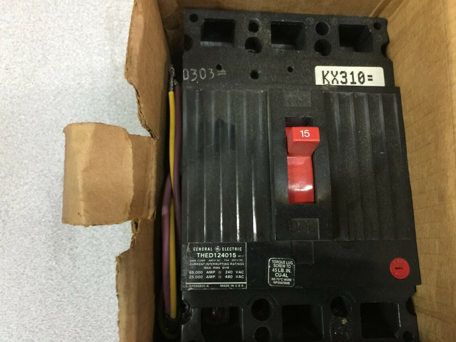 NEW IN BOX GE 15AMP 2POLE 480VAC 250VDC BREAKER THED124015WL