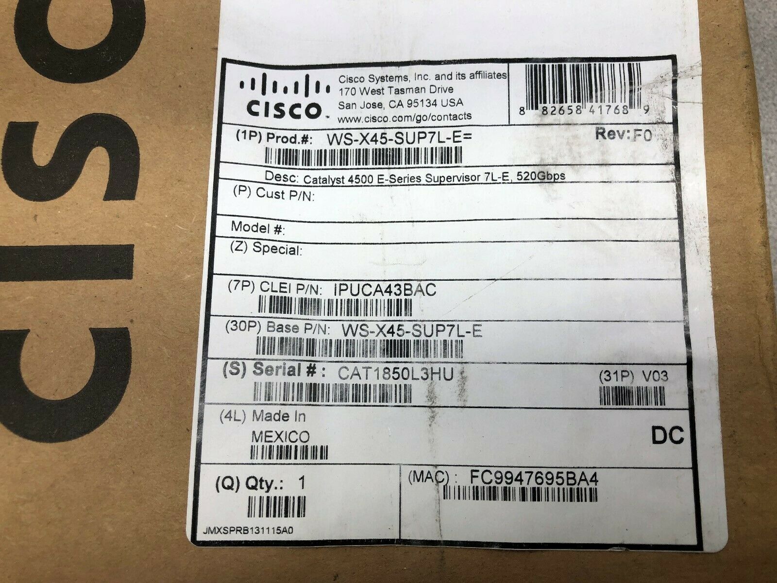 NEW IN BOX CISCO CATALIST 4500E SUPERVISOR ENGINE WS-X45-SUP7L-E=