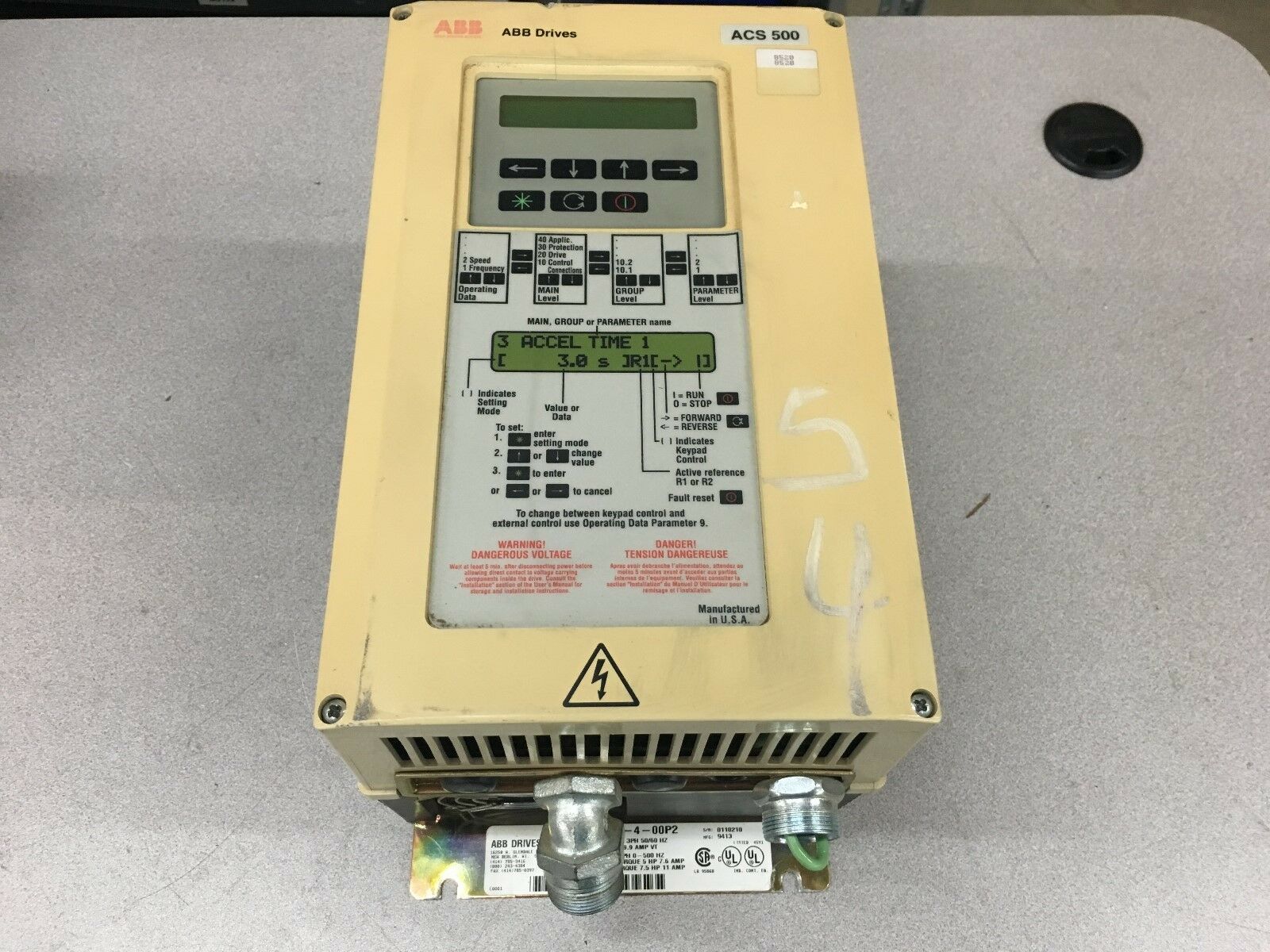 USED ABB ACS 500 7.5HP VARIABLE SPEED DRIVE ACS501-005-4-00P2