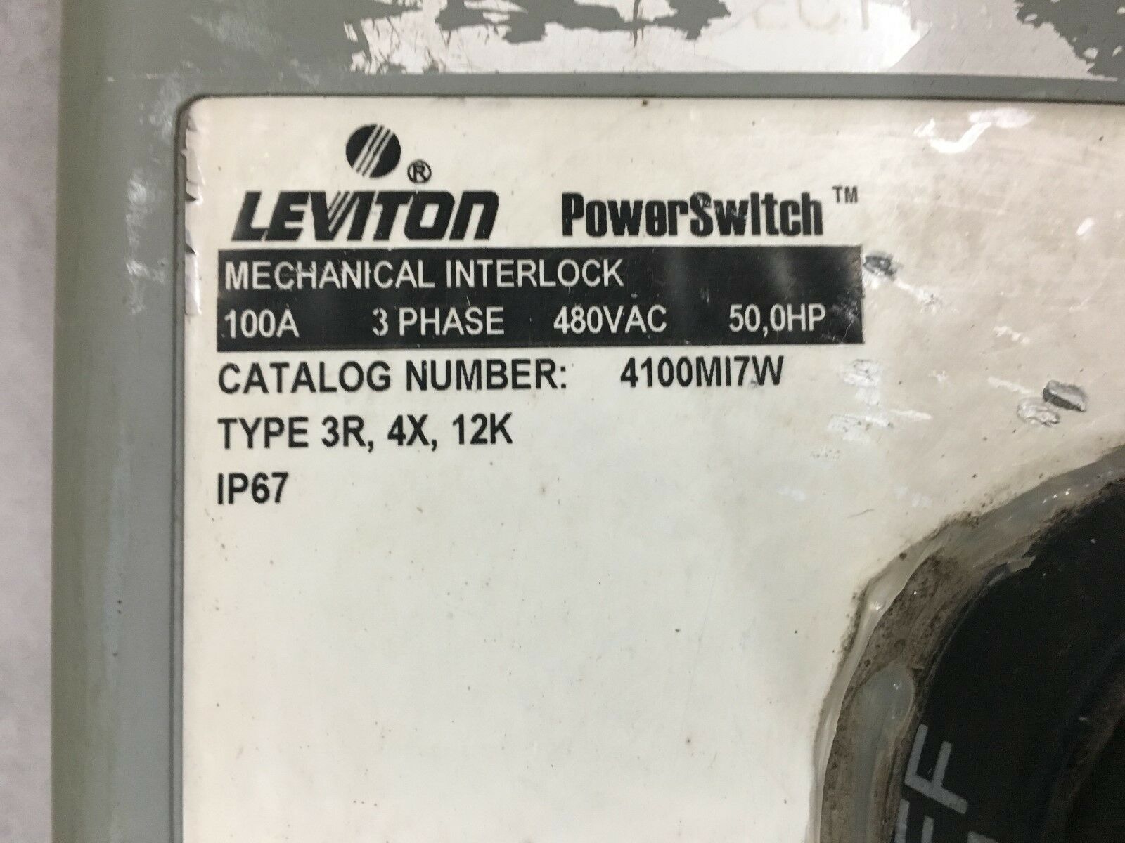 USED LEVITON POWERSWITCH 100AMP MECHANICAL INTERLOCK 4100MI7W