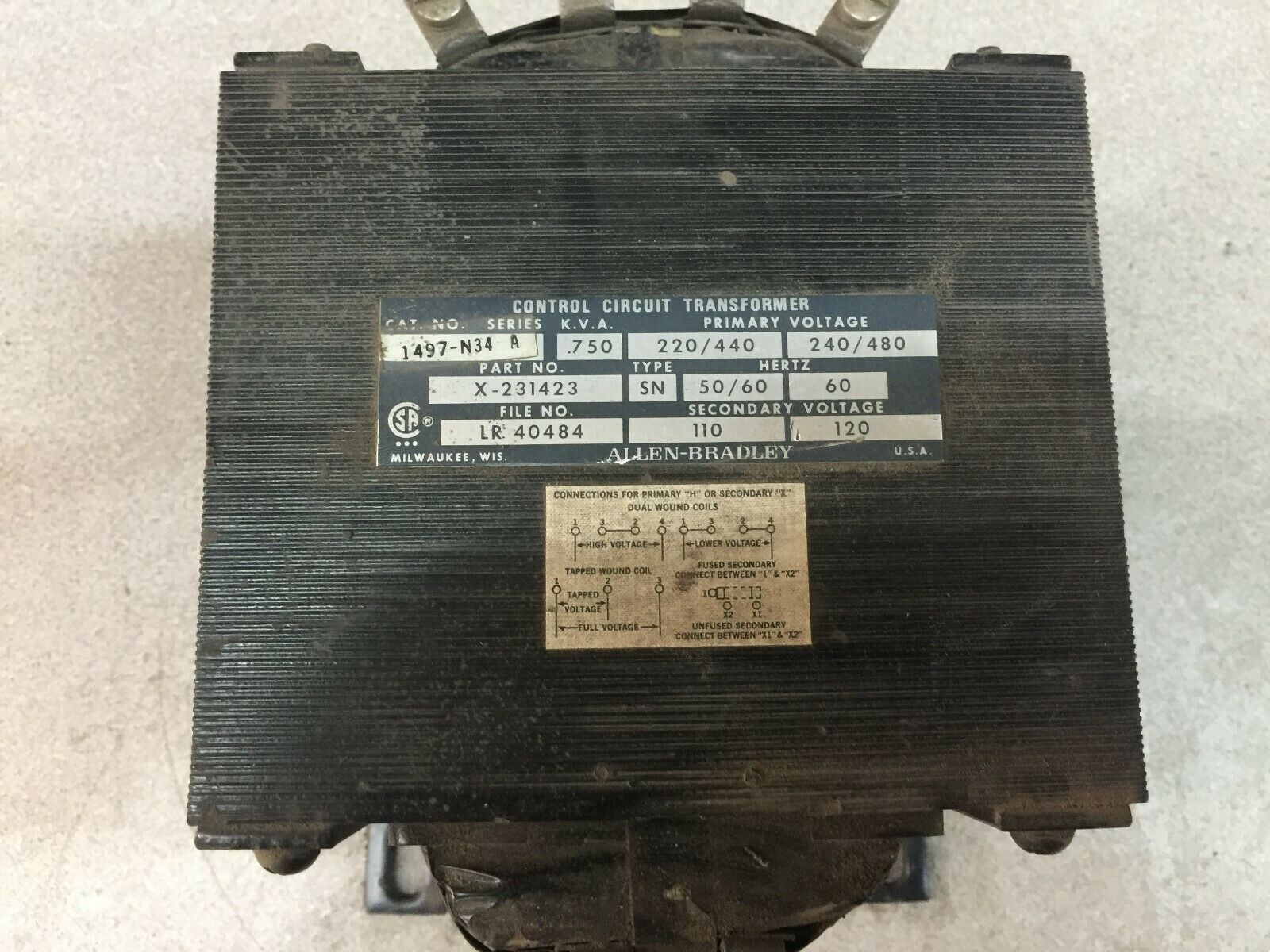 USED ALLEN BRADLEY .750 KVA 240/480VAC PRIMARY 120VAC SEC CONTROL TRANSFORMER X-