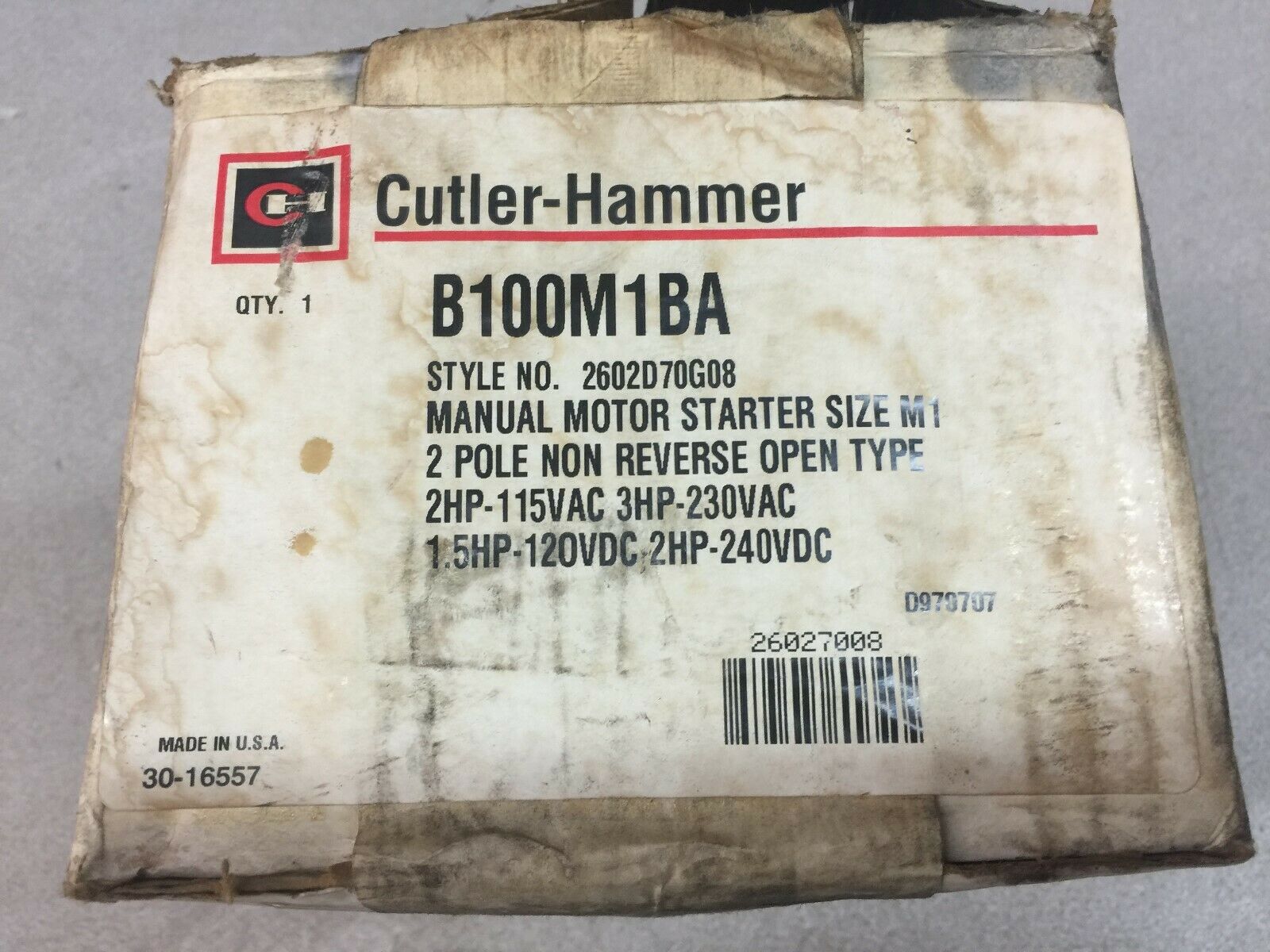 NEW IN BOX CUTLER HAMMER 2 POLE MANUAL MOTOR STARTER SIZE M1 B100M1BA / 2602D70G