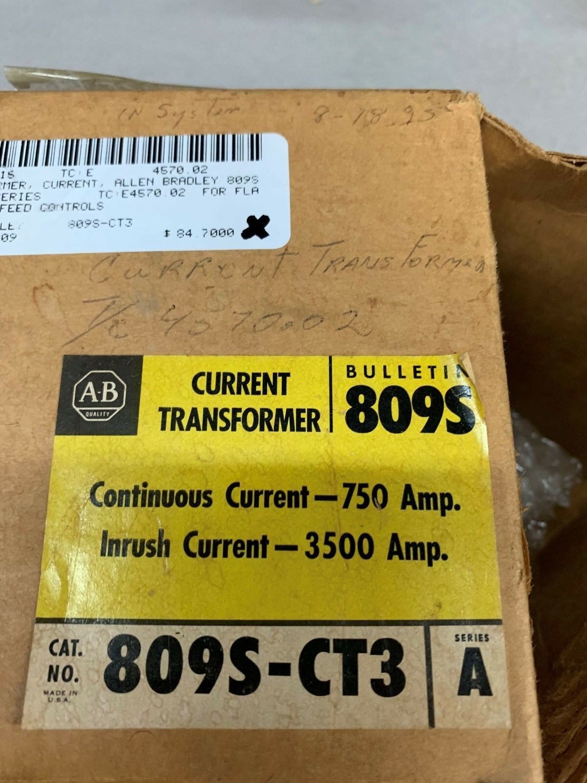 NEW IN BOX ALLEN BRADLEY TRANSFORMER 809S-CT3 SERIES A