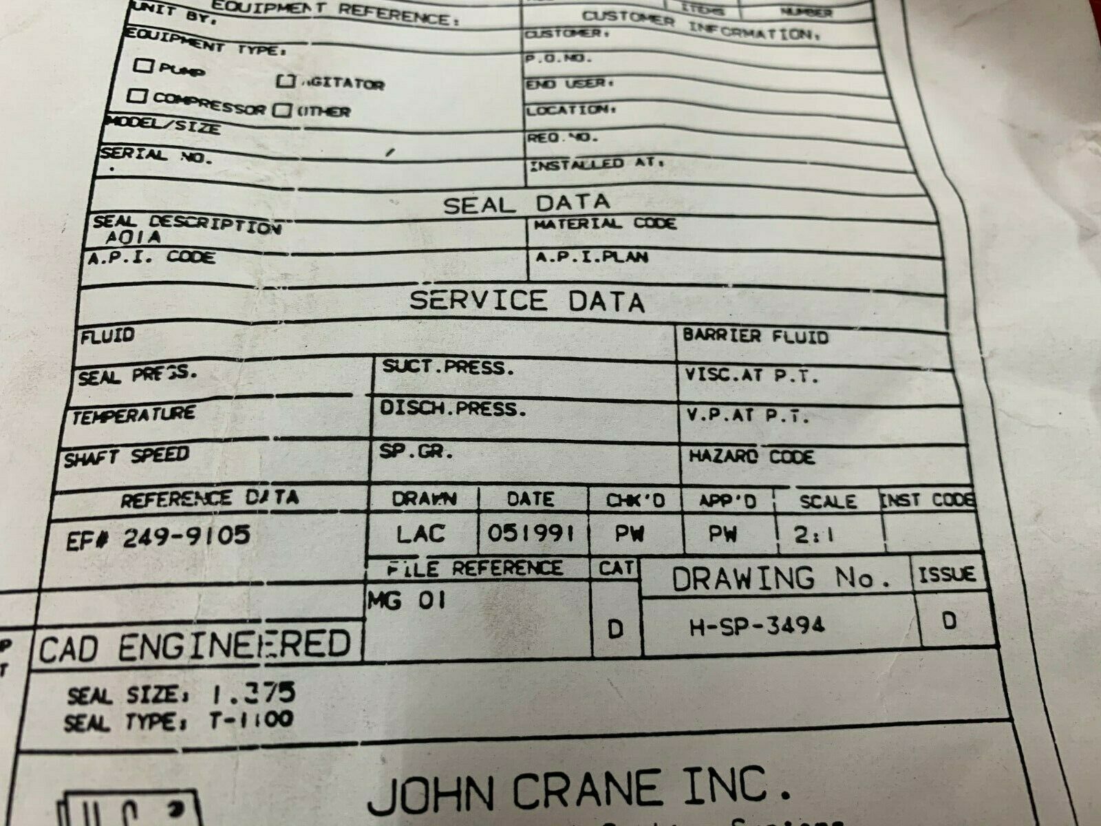 NEW NO BOX JOHN CRANE CARTRIDGE SEAL ASSEMBLY A16201 DRAWING H-SP-3494