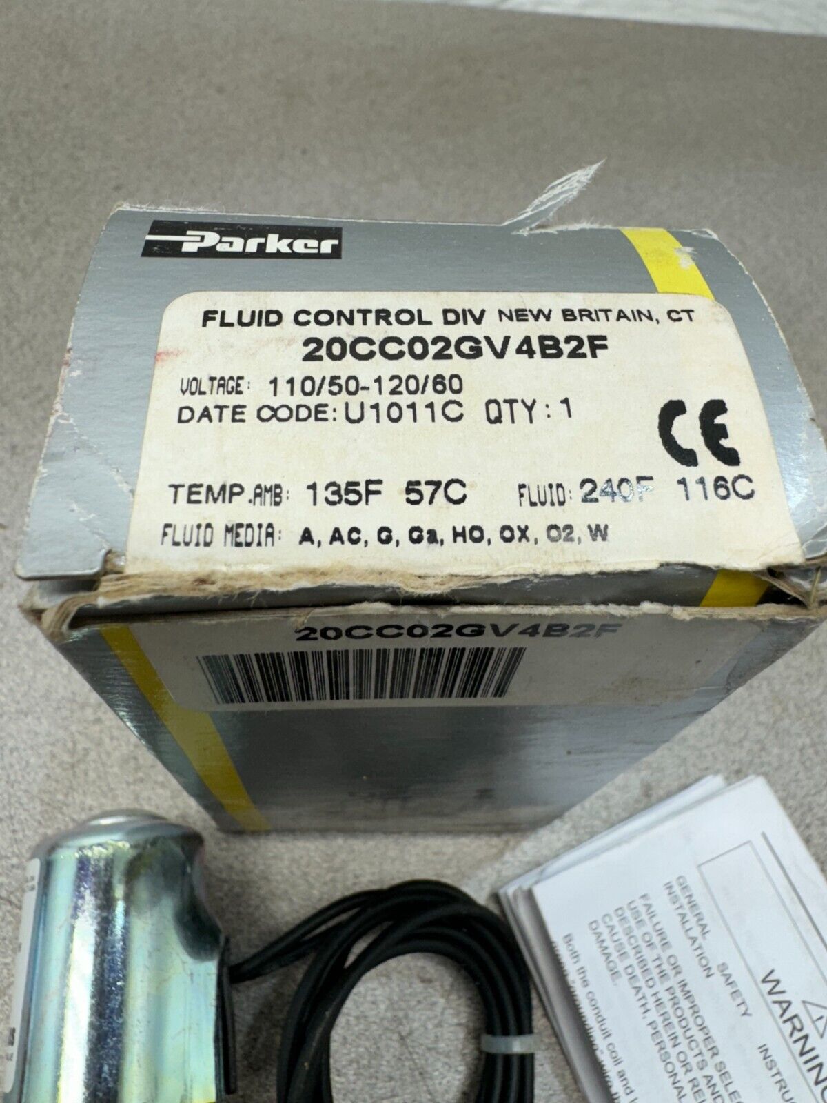 NEW IN BOX PARKER 1/16" ORFICE 110/120V. SOLENOID VALVE 20CC02GV4B2F