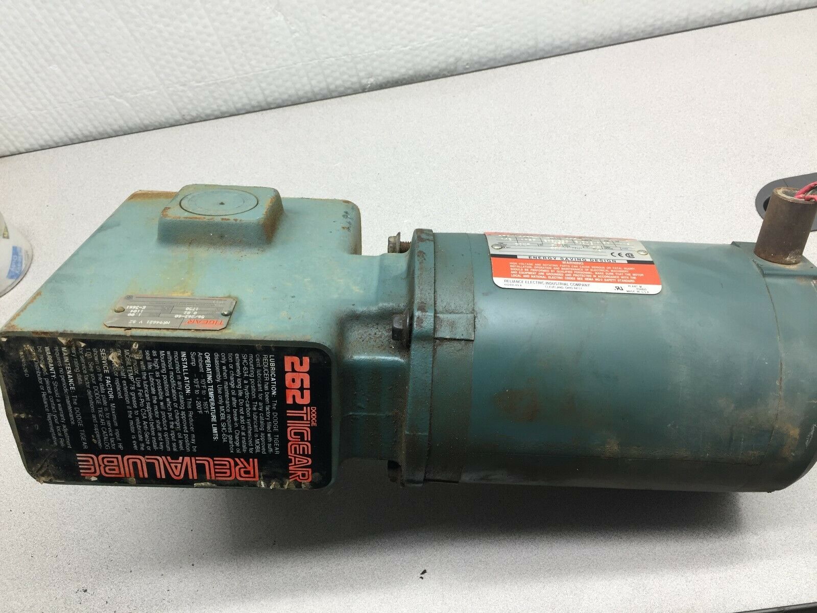 USED DODGE TIGEAR ANGLE REDUCER WITH RELIANCE 1/2HP MOTOR 56/262-60  /  P56H1343