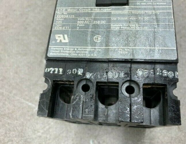 USED SIEMENS 125 AMP 3 POLE CIRCUIT INTERRUPTER ED63A125