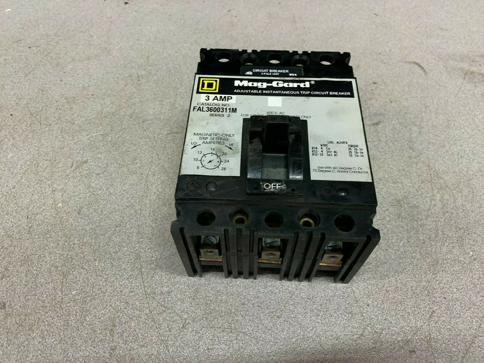 USED SQUARE D 3 AMP CIRCUIT BREAKER FAL3600311M