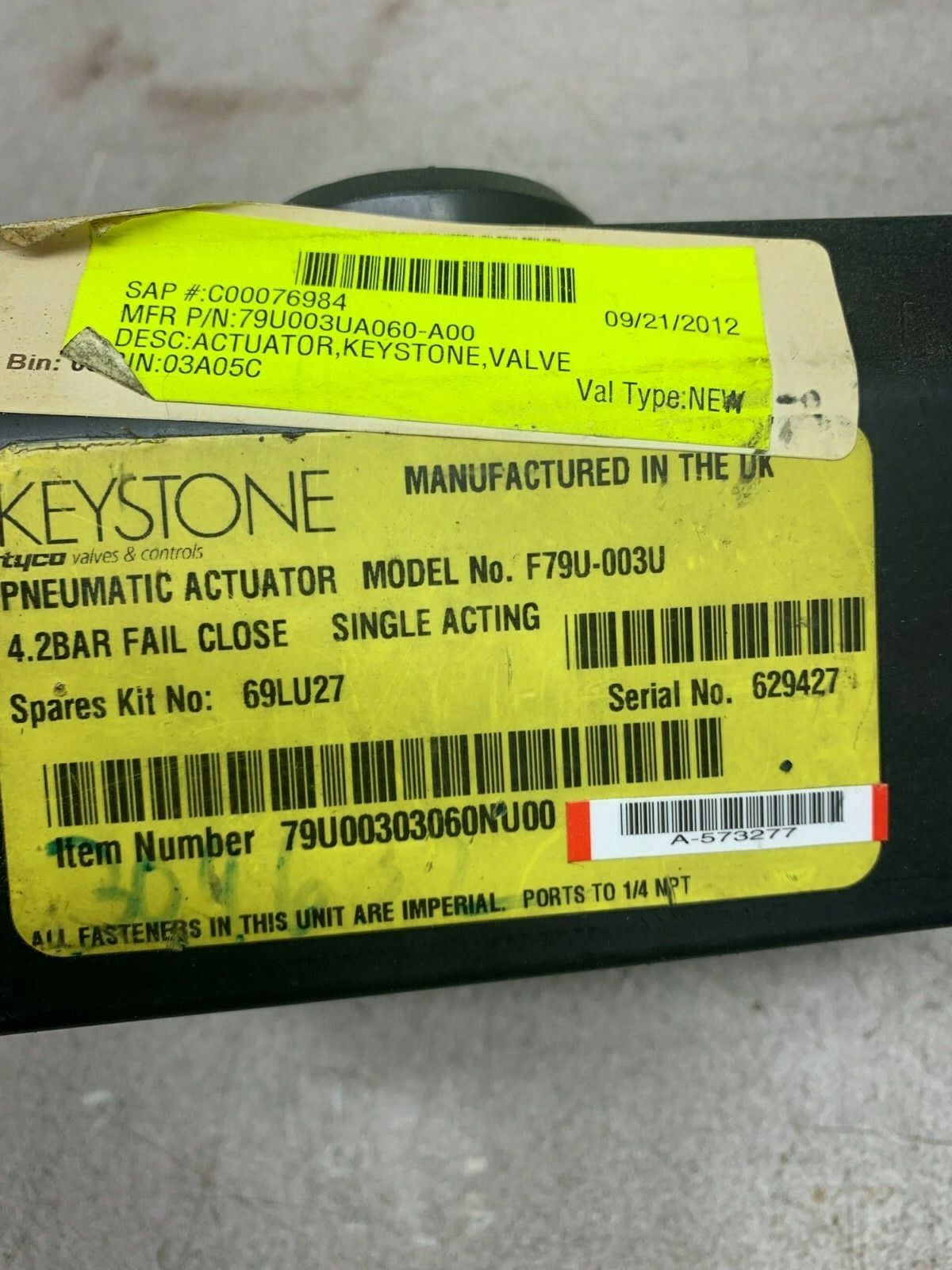 NEW NO BOX KEYSTONE F79U-003U PNEUMATIC ACTUATOR 79U00303060NU00