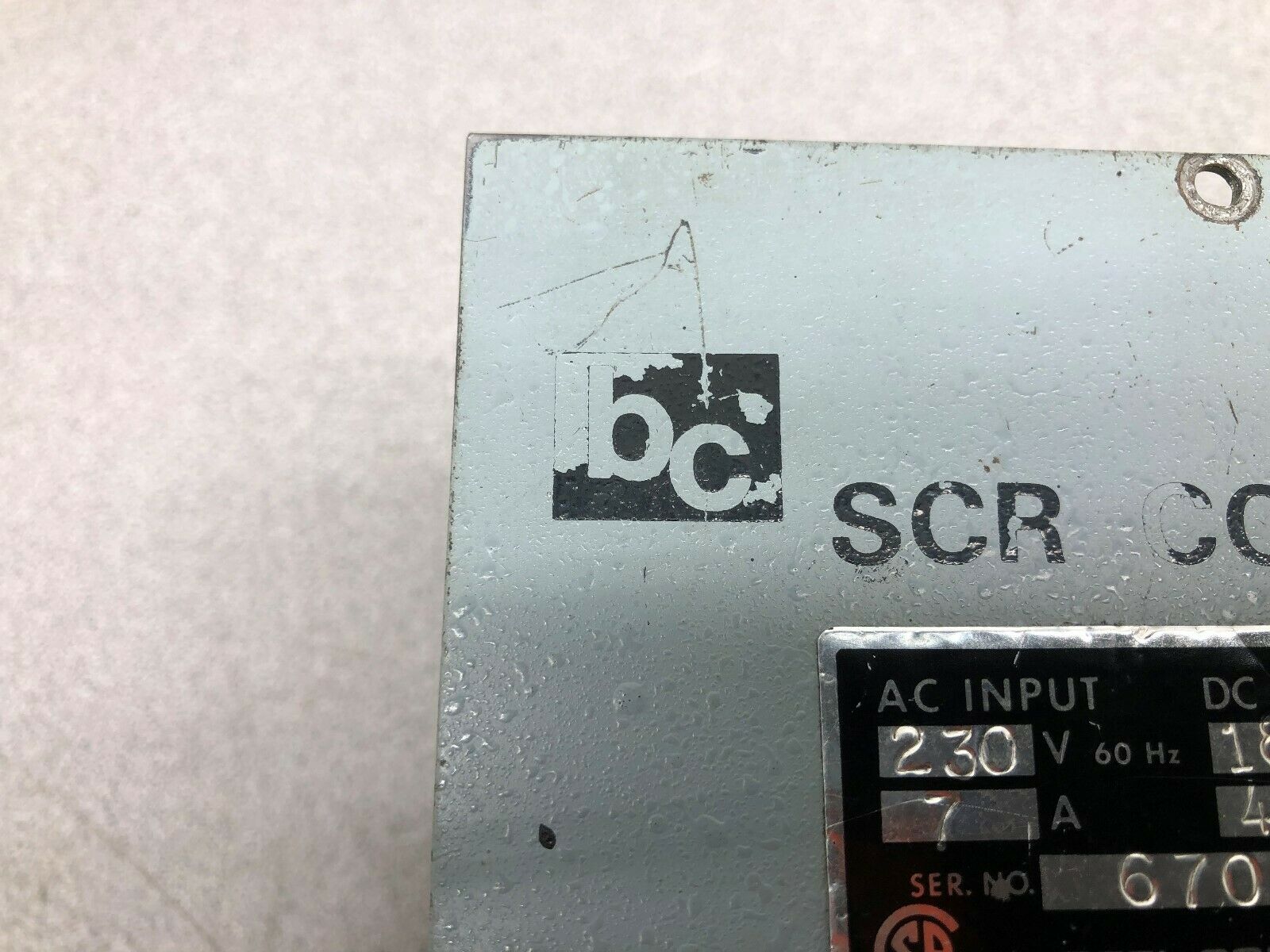 USED BEEL CONTROLS SCR CONTROL 230 VAC INPUT 180-200 VDC OUTPUT 10BO