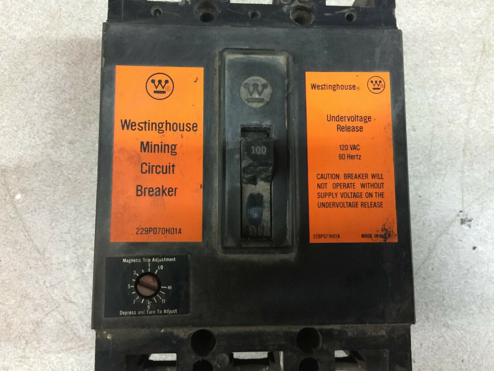 USED WESTINGHOUSE 100AMP 3POLE MINING CIRCUIT BREAKER 229P070H01A