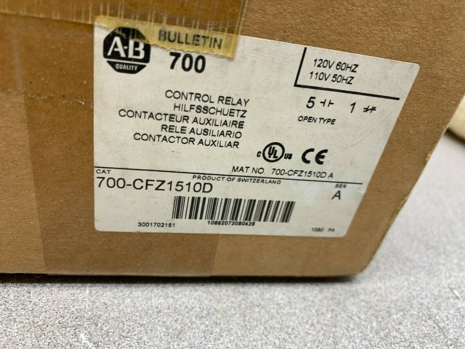 NEW IN BOX ALLEN-BRADLEY CONTROL RELAY 700-CFZ1510D SERIES A