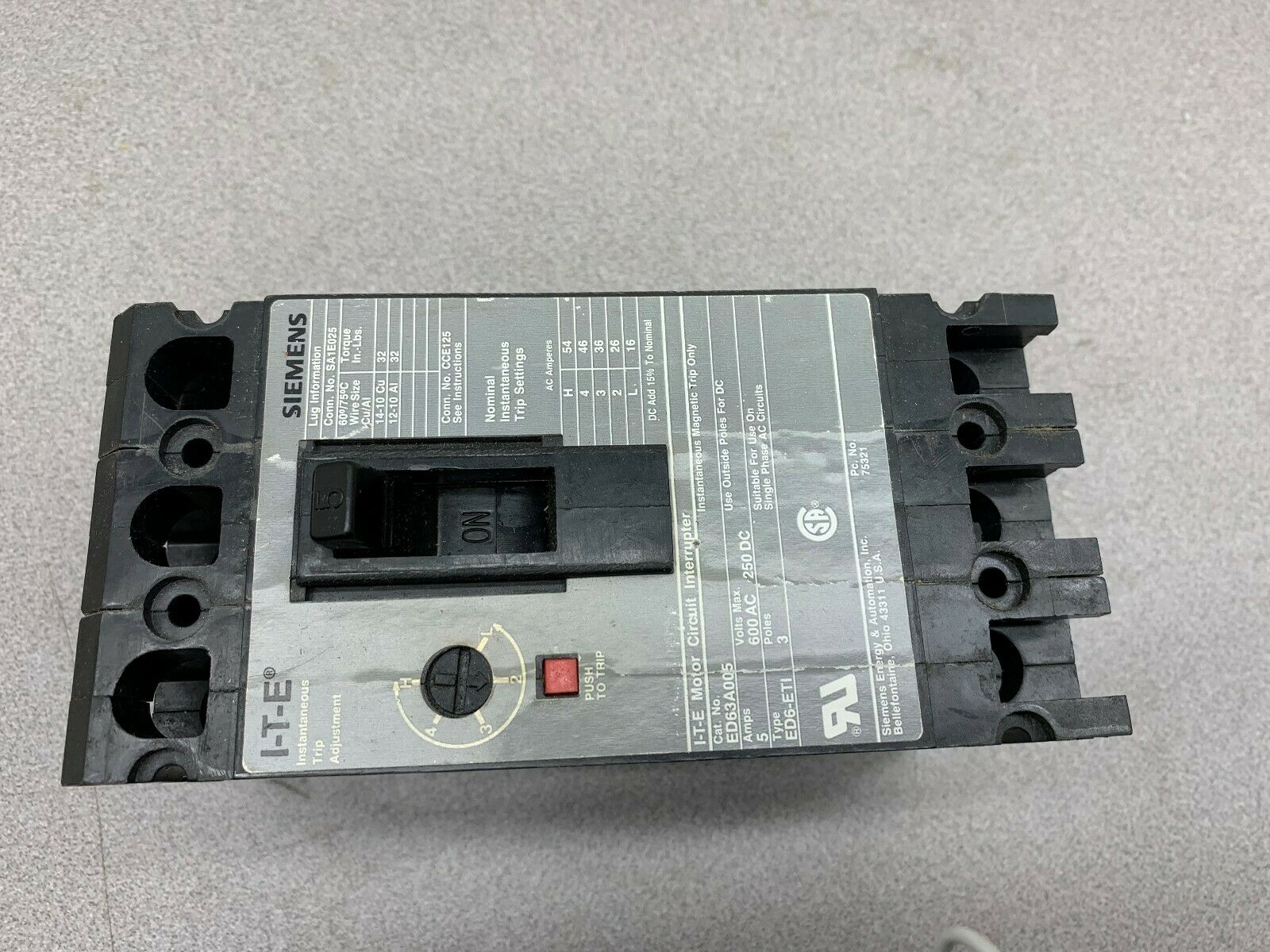 USED SIEMENS MOTOR CIRCUIT INTERRUPTER ED63A005