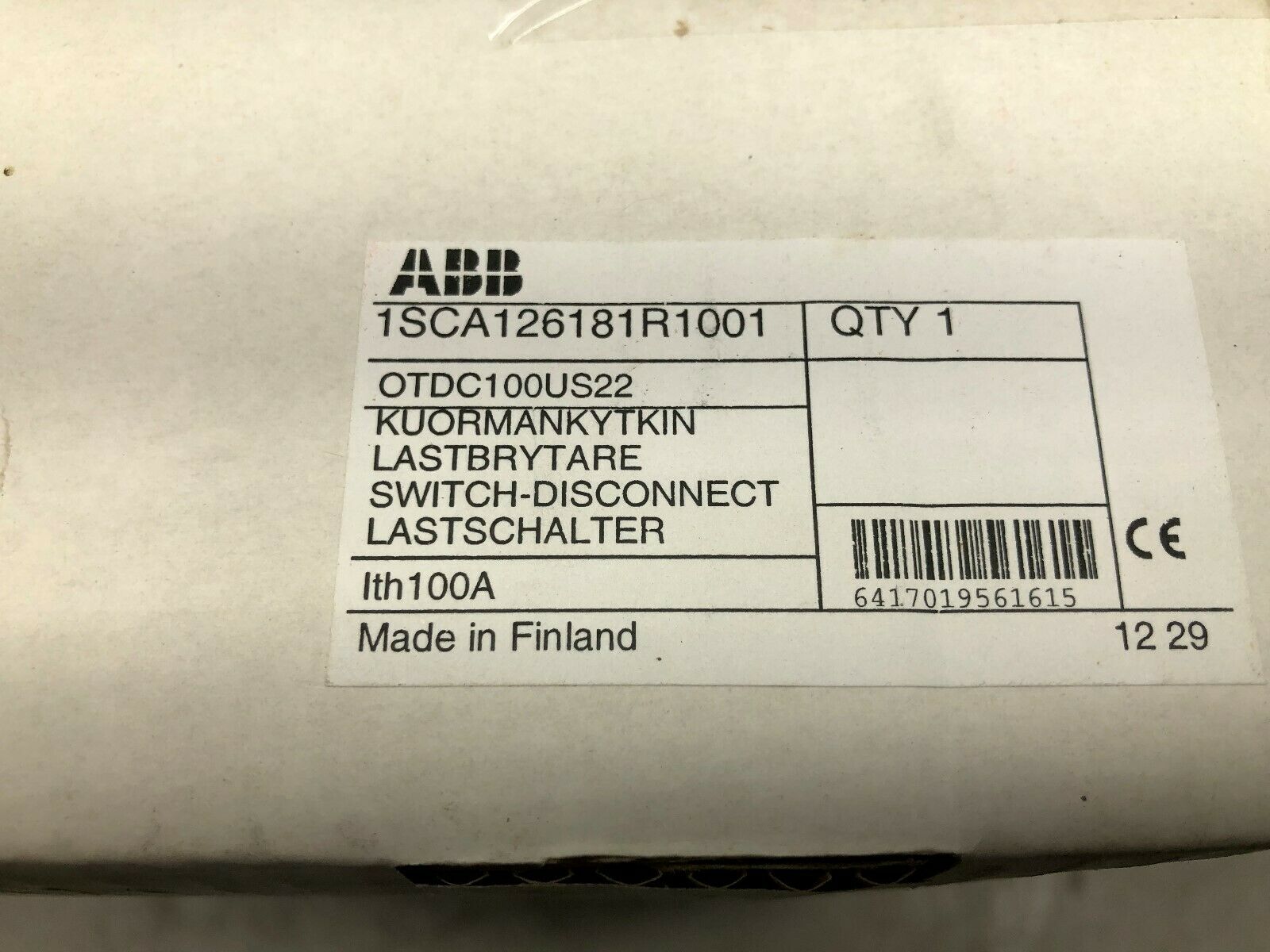 NEW IN BOX ABB 100 AMP 1000 VDC 4 POLE DISCONNECT SWITCH OTDC 100US22