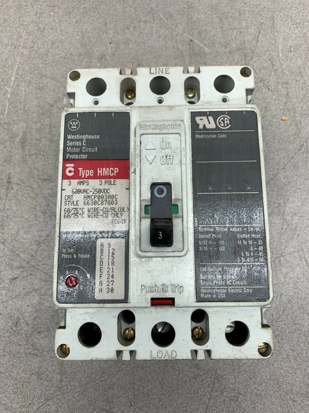 USED WESTINGHOUSE CIRCUIT PROTECTOR 3 AMP 3 POLE HMCP003A0C