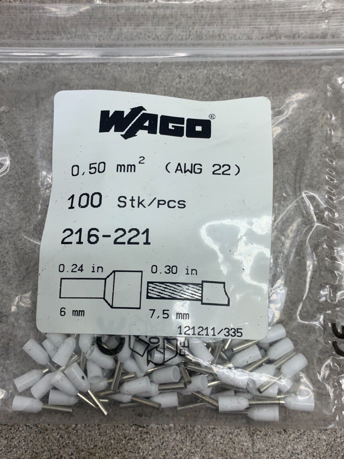 NEW PACK OF 100 WAGO Wire Ferrule AWG 22 0.5MM 216-221