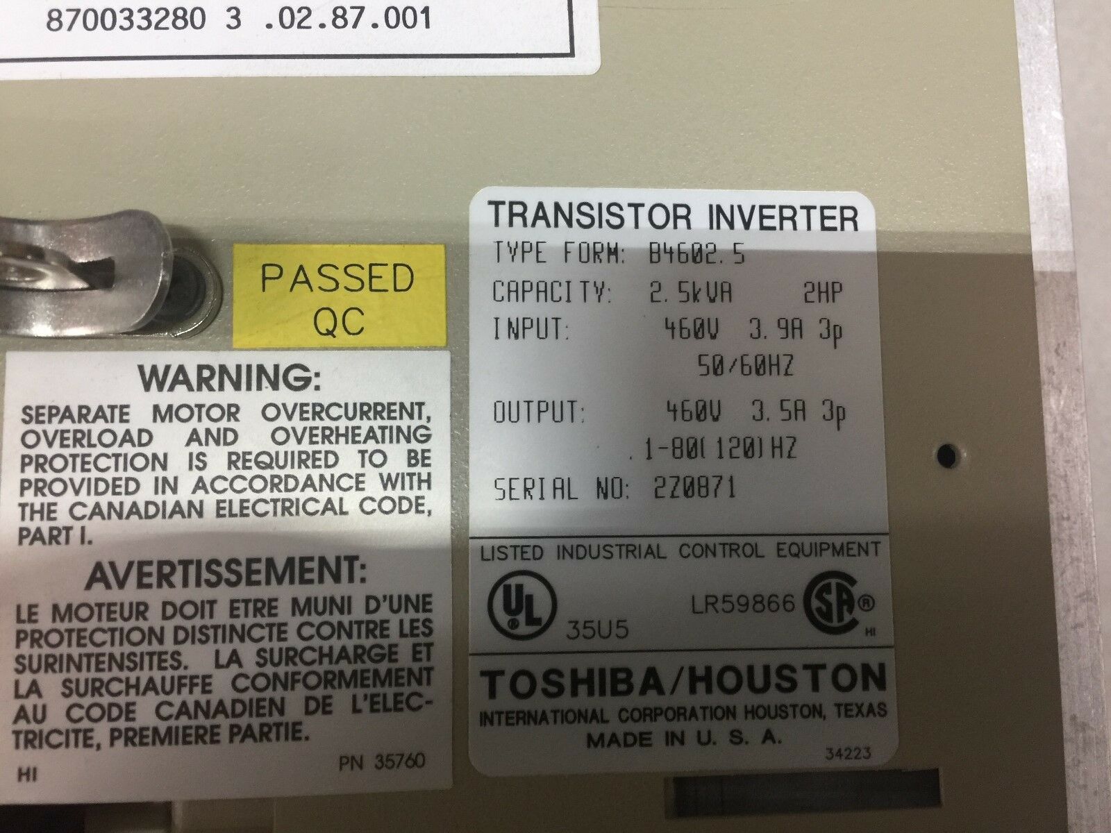 NEW NO BOX TOSHIBA 2HP 480VAC 3PH TRANSISTOR INVERTER B4602.5