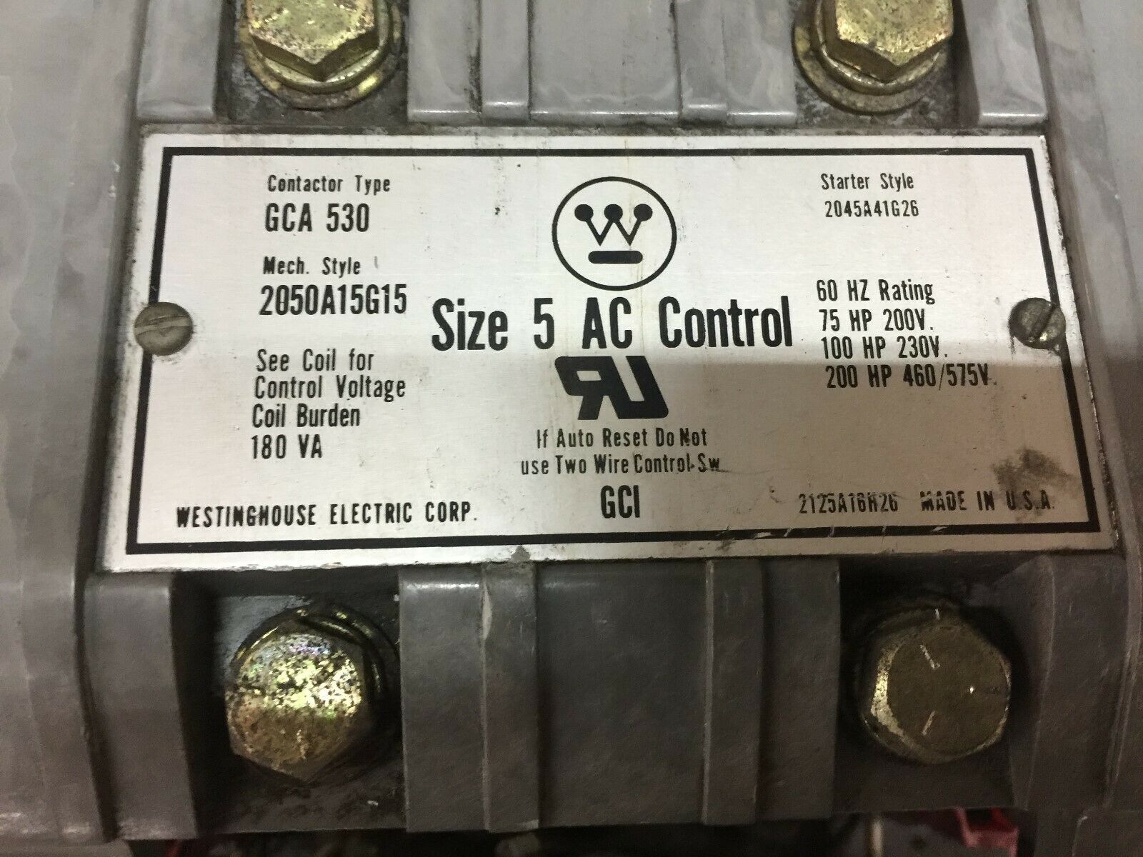 USED WESTINGHOUSE SIZE 5 3 POLE 600 VAC 120VAC COIL 200 HP STARTER 2050A15G15