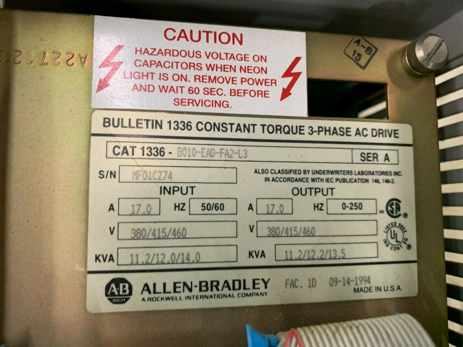 USED ALLEN-BRADLEY 10HP VARIABLE SPEED DRIVE 1336-B010-EAD-FA2-L3 SERIES A