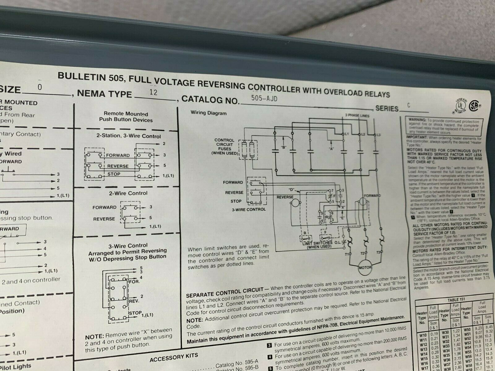 NEW ALLEN-BRADLEY 505-AOD SIZE 0 REVERSING STARTER IN ENCLOSURE 505-AJD SERIES C