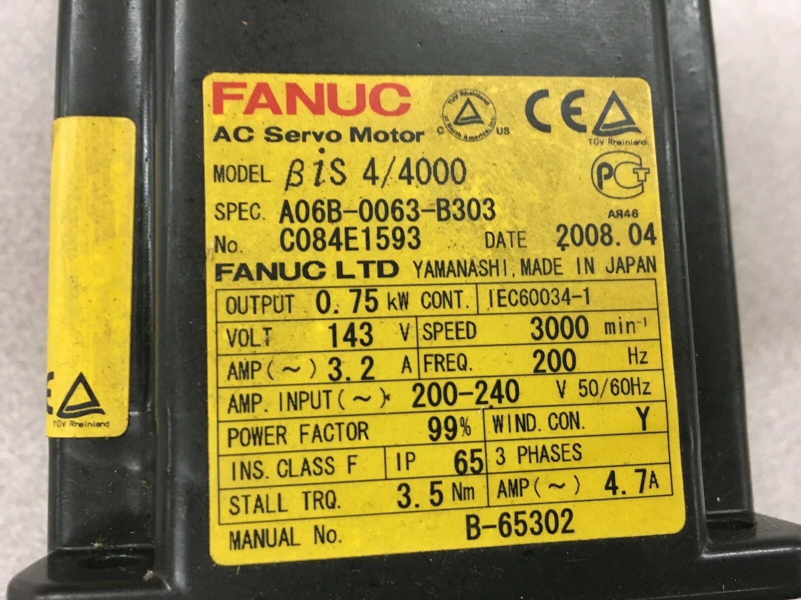 NEW NO BOX FANUC BIS 4/4000 AC SERVO MOTOR A06B-0063-B303 WITH A860-2020-T301