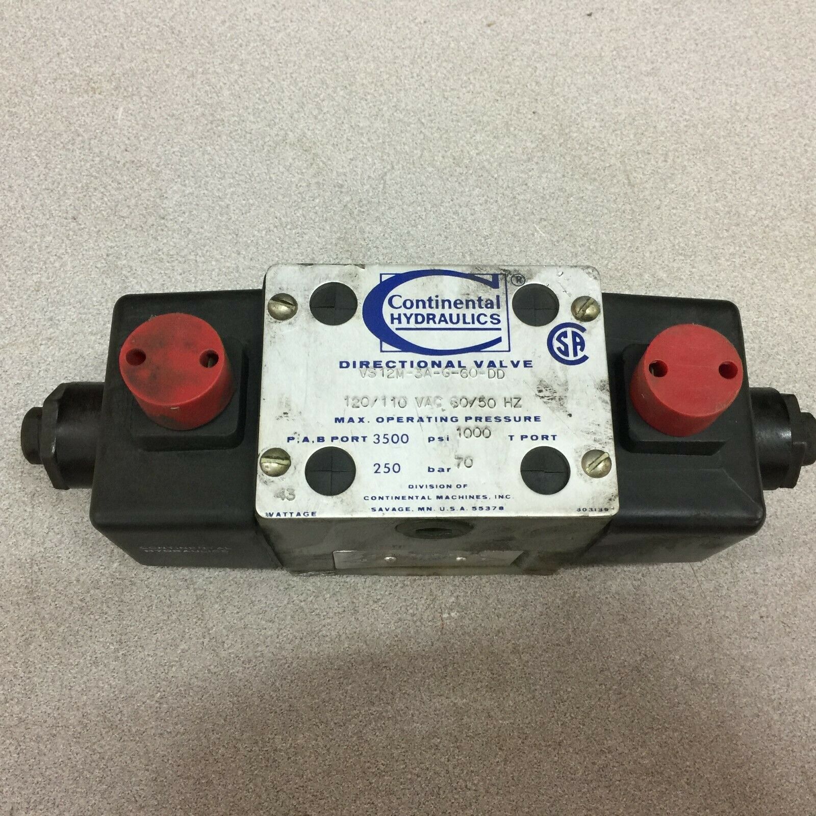 NEW NO BOX CONTINENTAL 120VAC SOLENOID VALVE VS12M-3A-G-60-DD