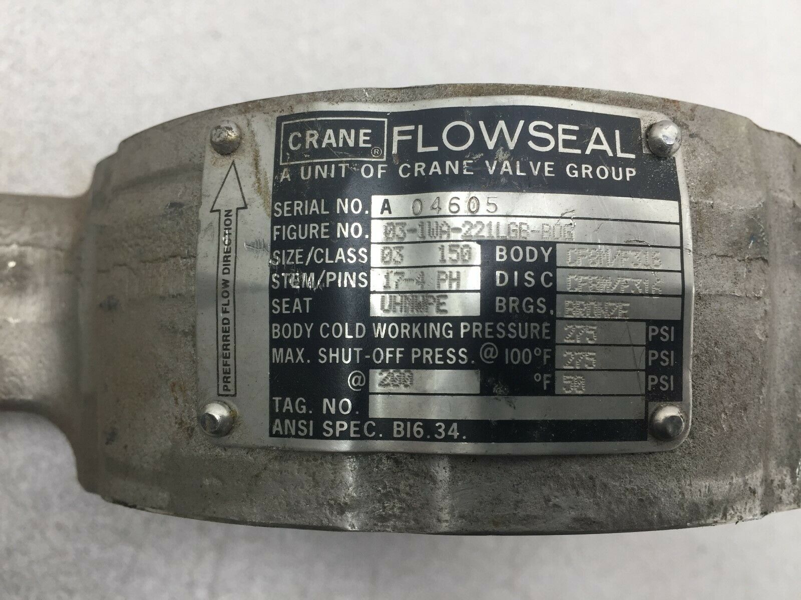 NEW NO BOX CRANE FLOWSEAL 3" 150 PSI VALVE 03-1WA-221LGB-BOG