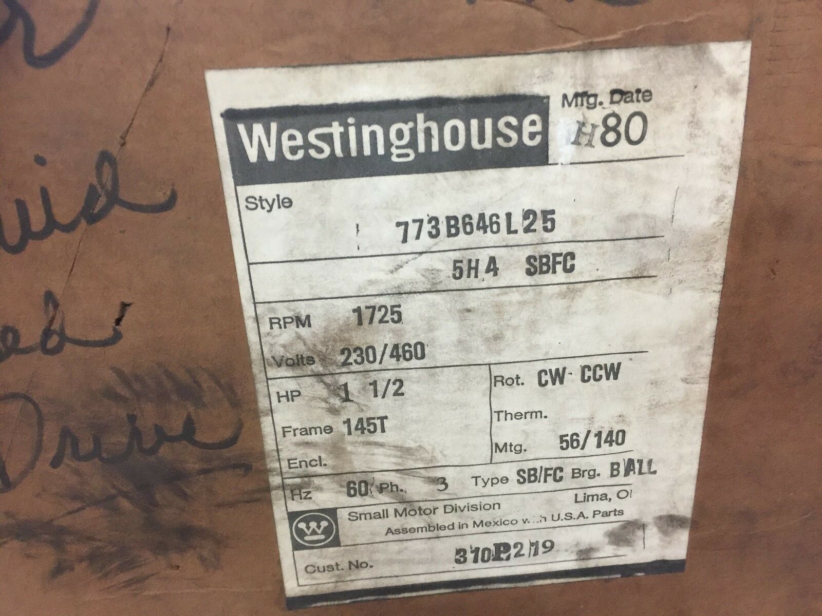 NEW IN BOX WESTINGHOUSE 1 1/2HP  145T FRM 3PH 1725RPM 310P219