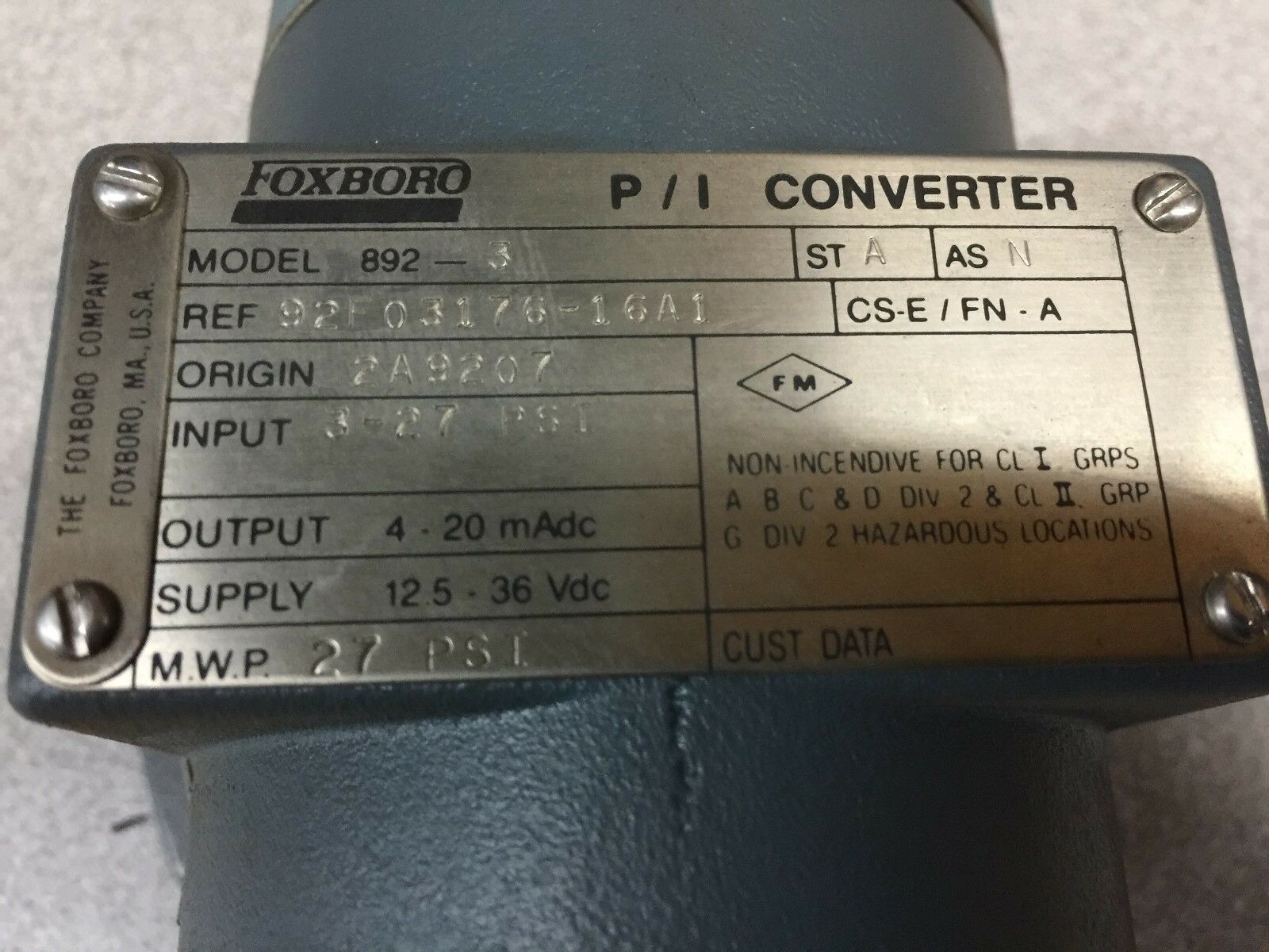 NEW NO BOX FOXBORO P/I CONVERTER 892-3