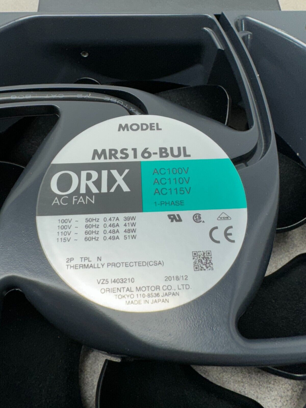 NEW ORIENTAL MOTOR ORIX 100/110V/115V. COOLING FAN MRS16-BUL